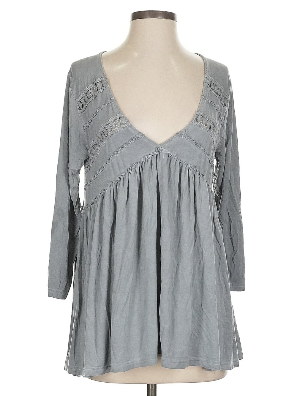 New: POL Dusty Blue V-Neckline Floral Lace Detail Boho Peasant Babydoll Blouse•S